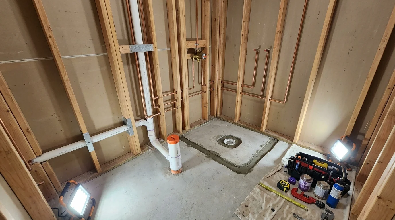 Bathroom rough-in plumbing during remodel by Johns Plumbing LLC in Hayneville
