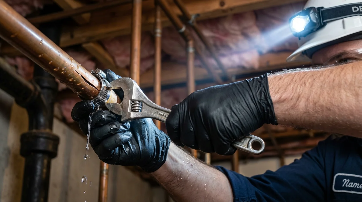 Emergency pipe clamp repair being performed by a Johns Plumbing LLC plumber in Hayneville