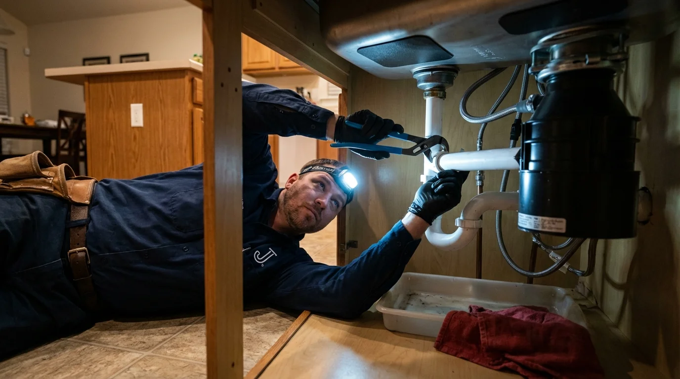 P-trap and supply line connections under a kitchen sink showing a common leak point in Hayneville, AL